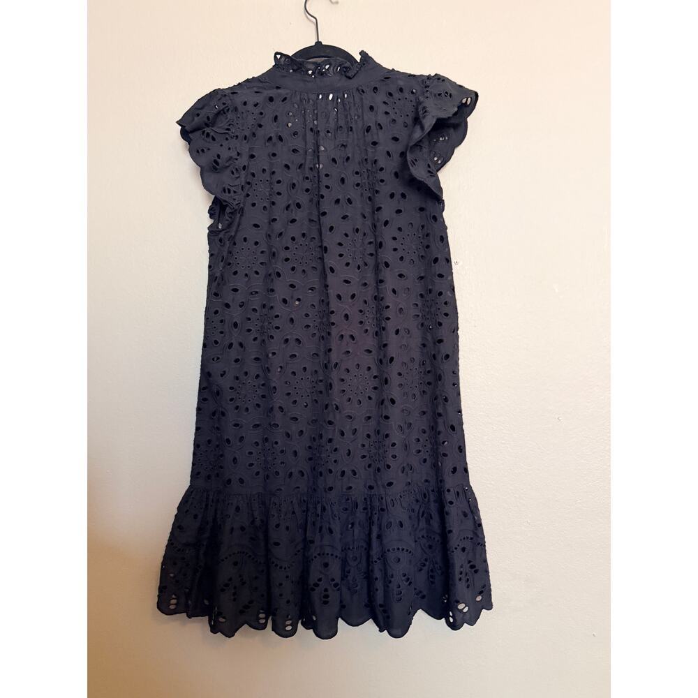 H&M Button Front Ruffle Hem Eyelet Lace Cap Sleeve Mini Dress Black XS - Picture 9 of 12